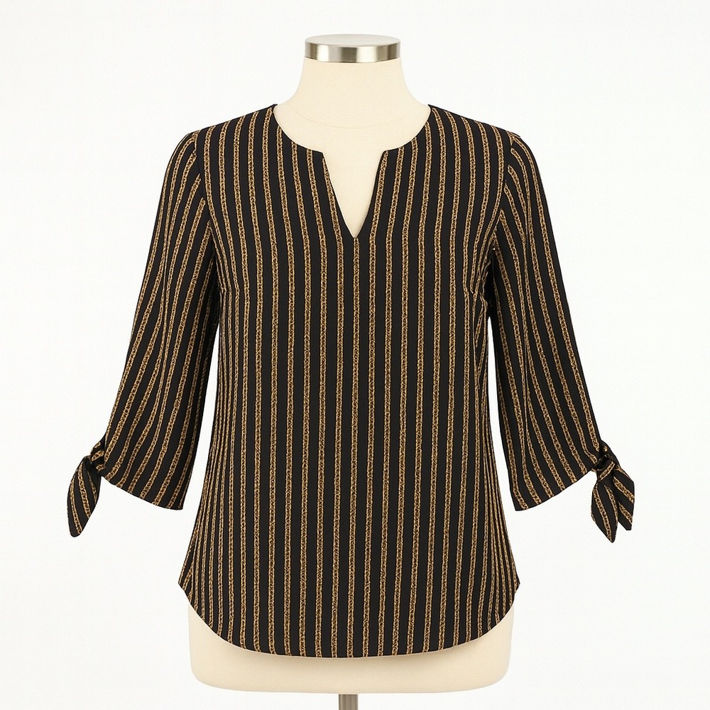 MICHAEL Michael Kors Blouse Womens L Black Gold Chain Print‎ Casual Party Office